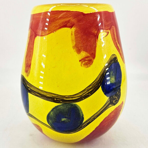 Yellow red blue heavy hand blown studio art polished bottom cased glass vase